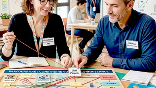 Homme et femme assis devant une table en train de travailler