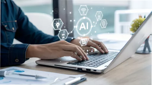 AI agent analyzing data and generating reports. Artificial intelligence and intelligent automation IA technology. Businessman using laptop computer to give instructions to AI at desk in office. See Le