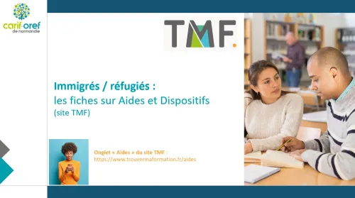 Visuel en deux parties, sur la partie droite, photo d'une femme et d'un homme assis dans une biblioth&egrave;que, l'un apprenant &agrave; l'autre, sur la partie gauche, titre de l'info et logo