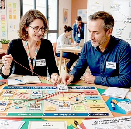 Homme et femme assis devant une table en train de travailler