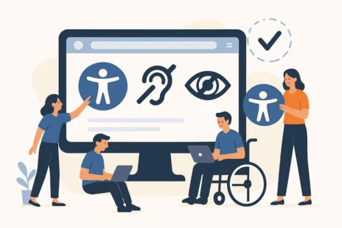 visuel montrant des personnes en situation de handicap face &agrave; un grand &eacute;cran d'ordinateur