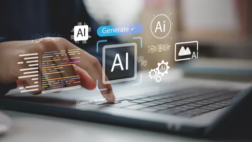 Hand using laptop with AI interface and code on virtual screen, representing generative AI, prompt engineering, artificial intelligence development, automation, and machine learning technology.